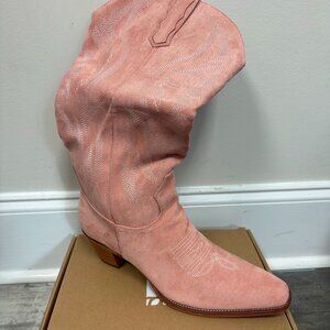 KaroNairy Women’s Faux Suede Embroidered Western Boots – Pink, Size 13